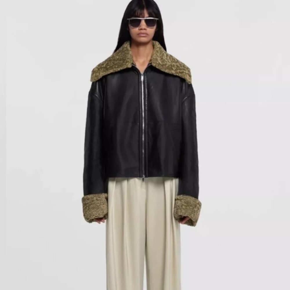 Nanushka Verona Faux Shearling Black Khaki Jacket NWT